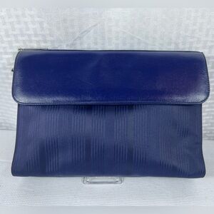 7038: Vintage Versace Navy Blue Leather & Fabric Clutch Bag